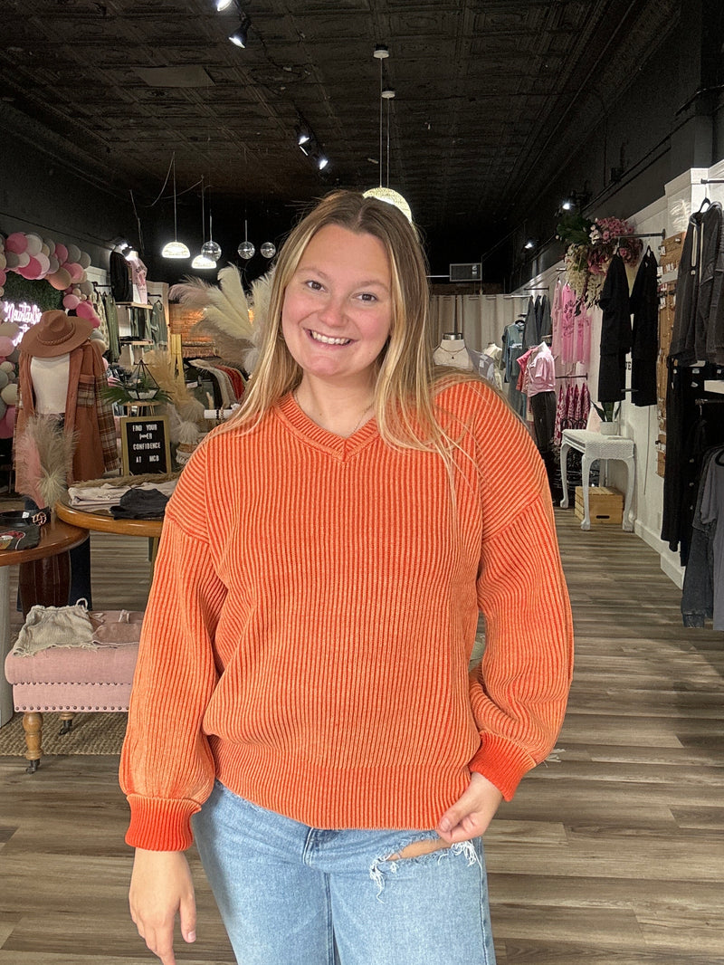 V Neck Rib Sweater With Puff Sleeves- Rust