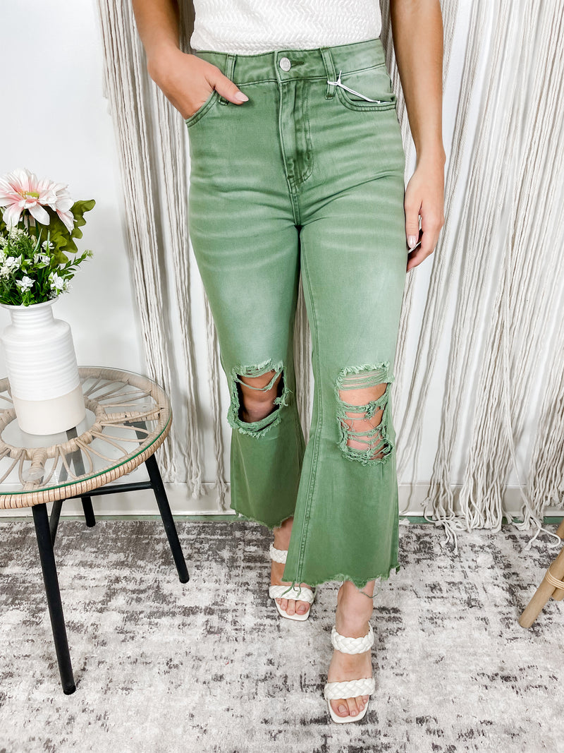 Addison Riley 90's Crop Flare Jeans- Army Green